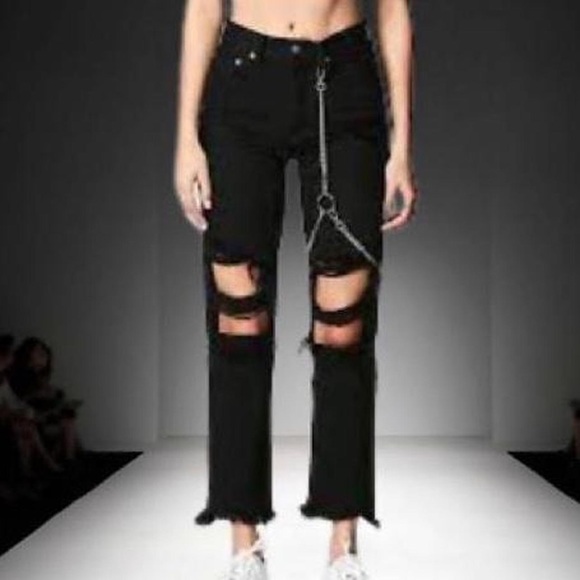Black denim ripped LF jeans w metallic thigh strap detail. So unique. Sold out - Picture 2 of 3